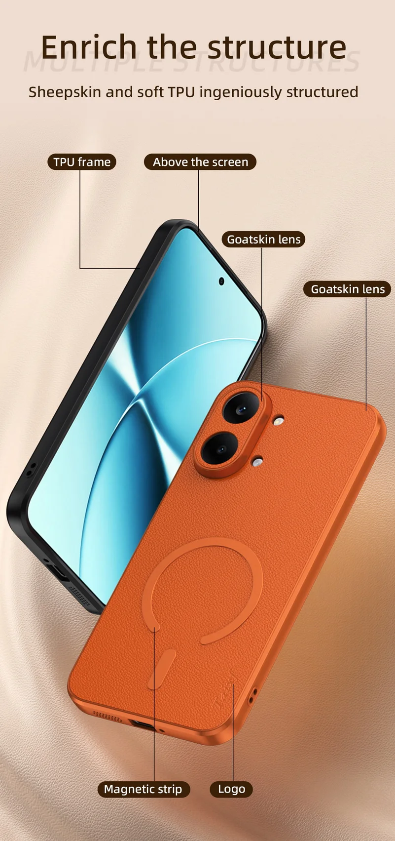 Luxuriöse Ziegenleder-Handyhülle mit Magnetring für POCO X8 Pro X8 Pro Max Redmi Turbo 5 5Max 4Pro K90/K80 Pro Max Rückseiten-Abdeckung – Detail 10