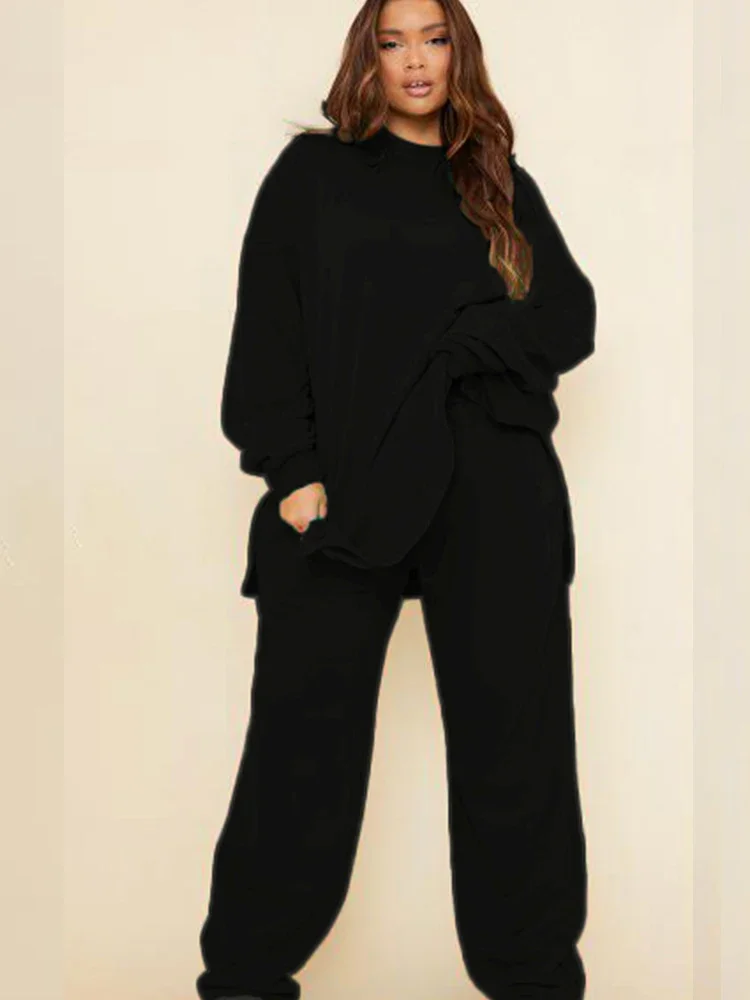 Plus Size Womens Casual Outfit Set Round Neck Hooded Two Piece Pant Set Loose Cargo Pant and Long Sleeve Top Outfit Ensembles