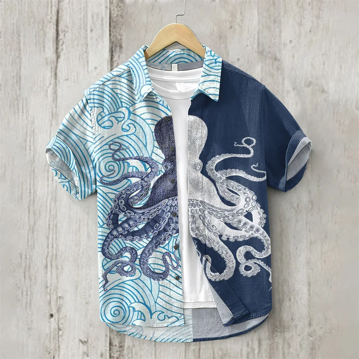 Men's Short Sleeved Lapel Shirt, Hawaiian Beach, Linen, Single Breasted, Casual Vacation Top, Japanese Art, Octopus Print 2