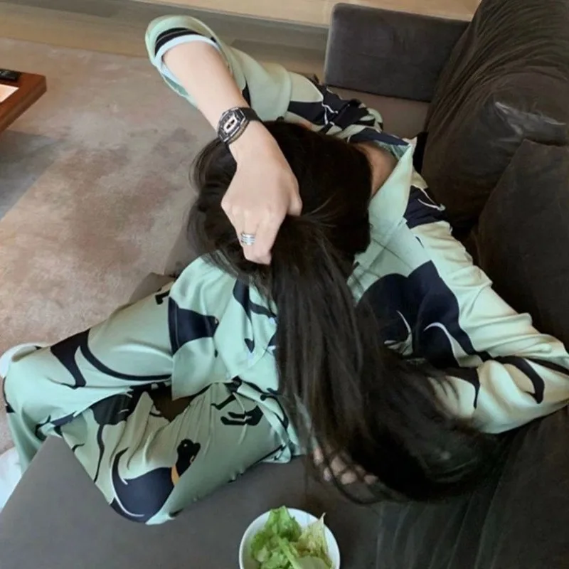 Korean Printed Pajamas Women Spring Autumn Long Sleeve Nightdress 2024 The Latest Ice Silk Sleepwear Loose Casual Home Wear Set