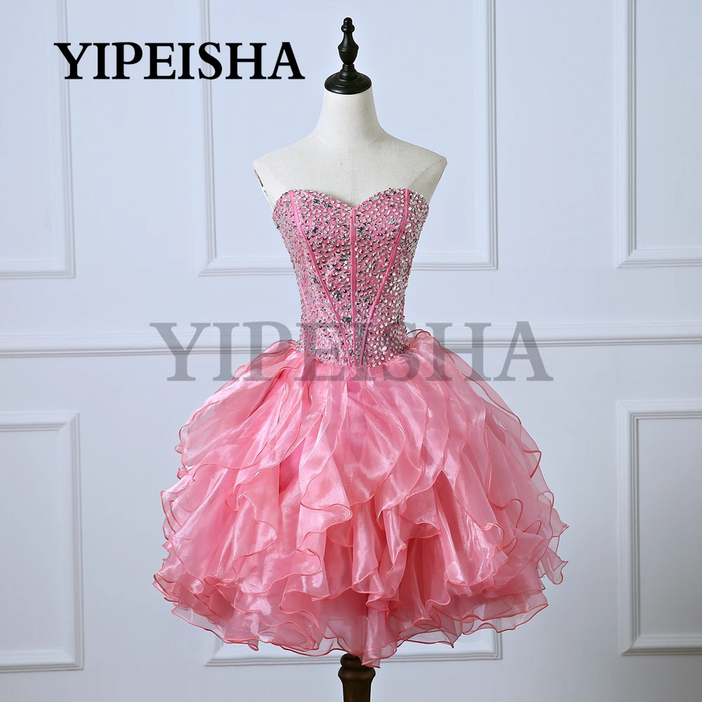 

Glittery Strapless Short Cocktail Dresses Pleat Sequined Organza Backless Ball Gown Knee-Length Pink Party Dress robe de soirée