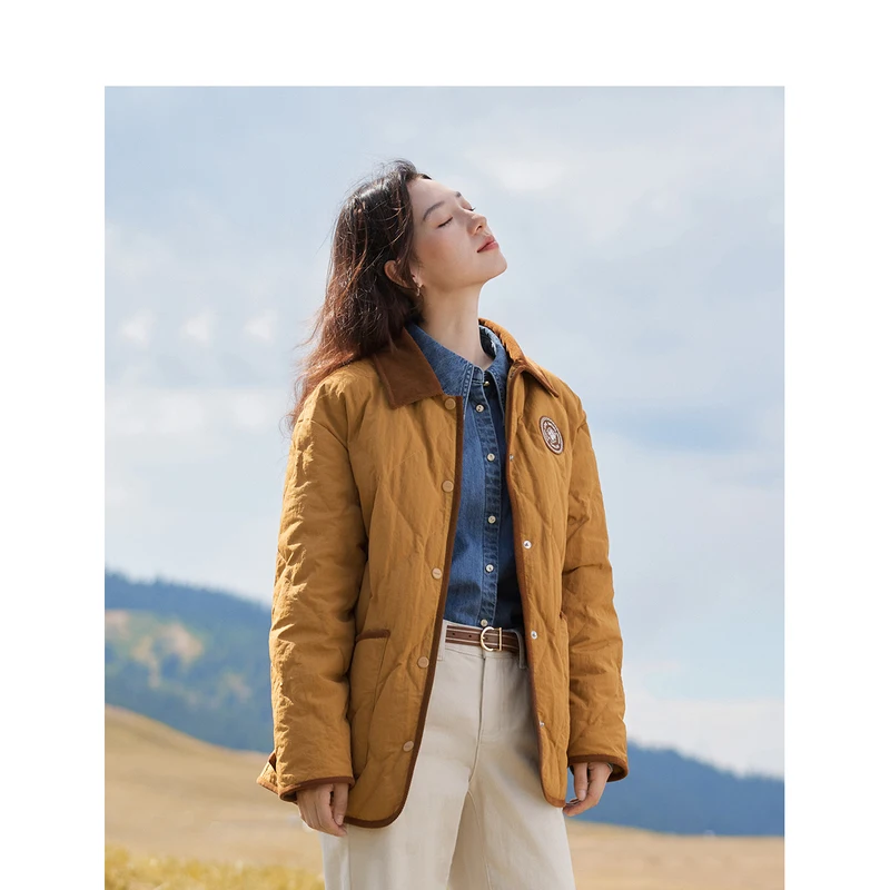 INMAN Women Down Jacket 2023 Winter Long Sleeve Contrast Lapel Loose Thick Coat Fashion Versatile Apricot Coffee Warm Outwear