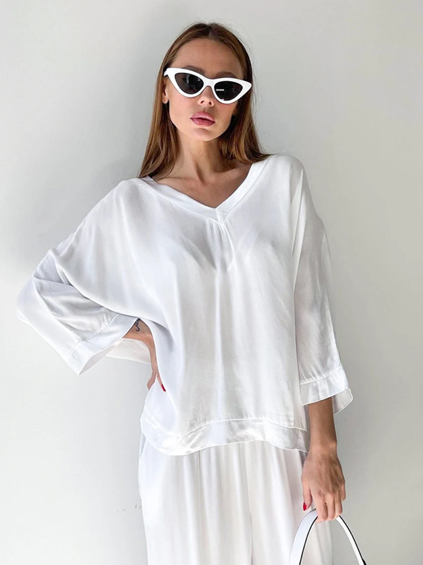 Marthaqiqi Loose Women Nightgowns Set Long Sleeve Nightwear Sexy V-Neck Sleepwear Wide Leg Pants Casual Winter Femme Pajama Suit