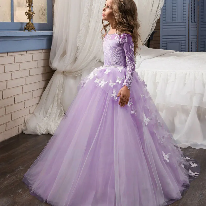 Fashion Ball Gown Baby Flower Girl Dresses Appliques Tulle Children Princess Wedding Birthday Party Long Sleeve Gowns