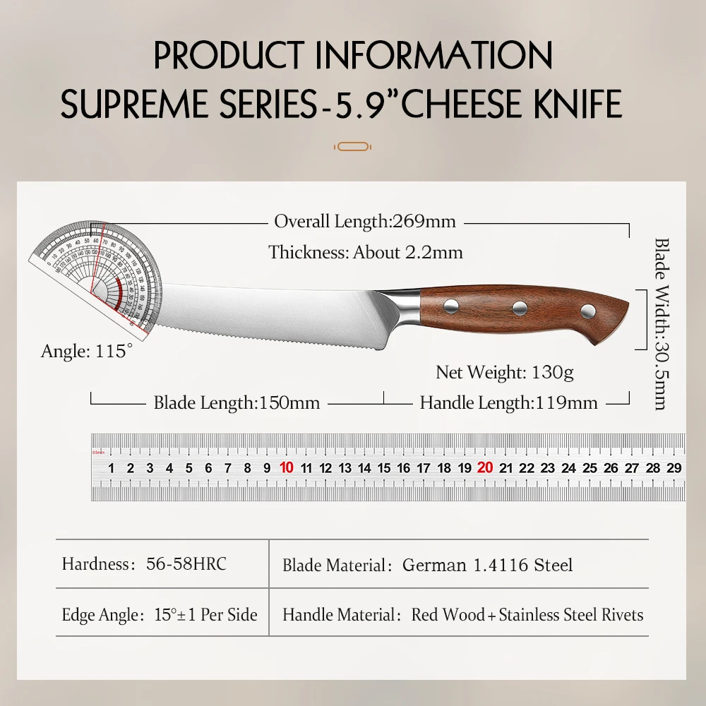 Cheese Knife Pork Chop Slice German DIN1.4116 Steel Redwood Handle Cooking Tools 5.9 Inches