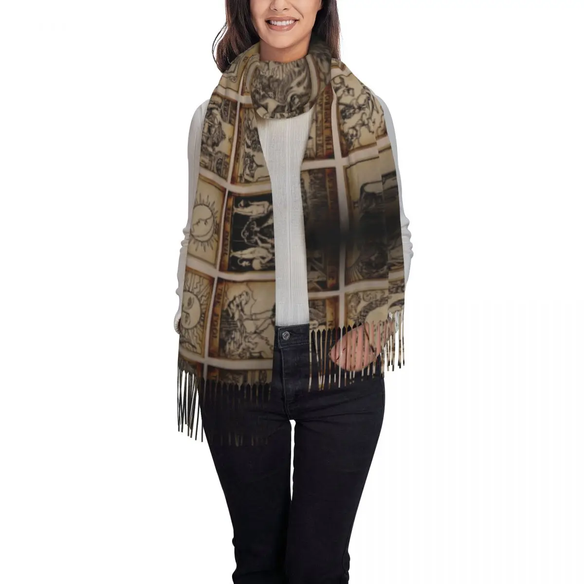 Witch Tarot Tassel Scarf Women Soft Halloween Occult Curiology Shawl Wrap Lady Winter Scarves 2