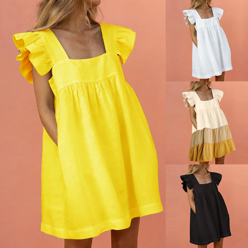 2022 New Women Sweet Dress Summer Elegant Square Collar Puffles Sleeve Solid Mini Dress Ladies Casual Loose Pocket Beach Dress long dress