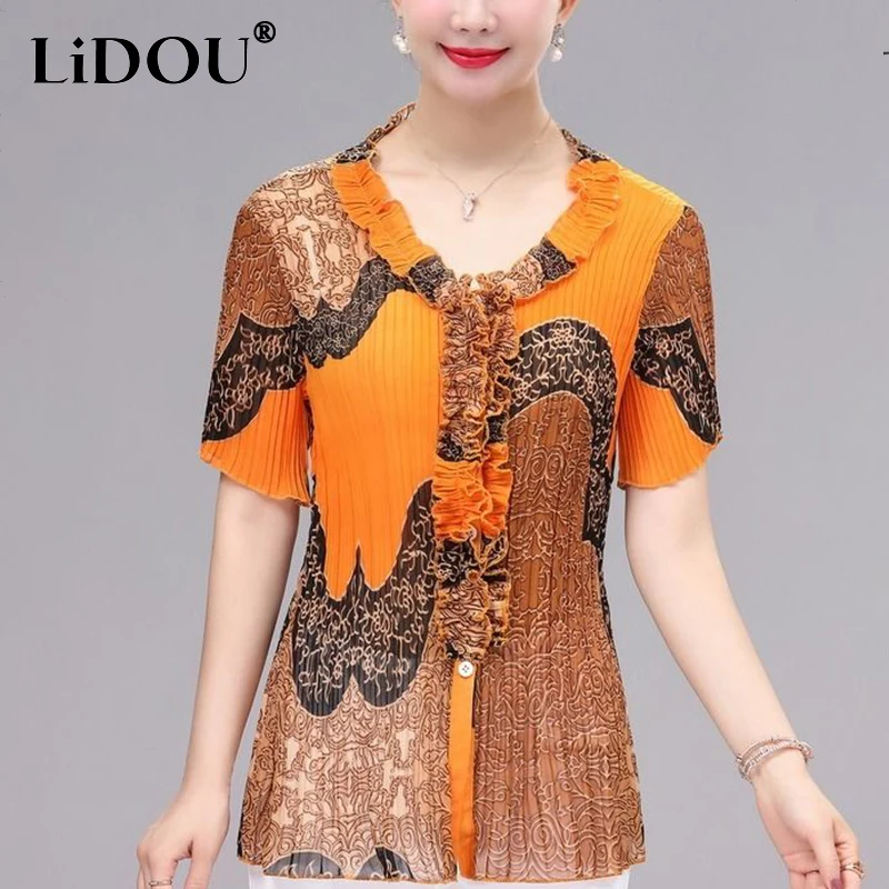 

2023 Oversized Floral Print Ruffles Short Sleeve T-shirt Lady Buttons Loose Casual Fashion All-match Pullovers Women Summer Tees