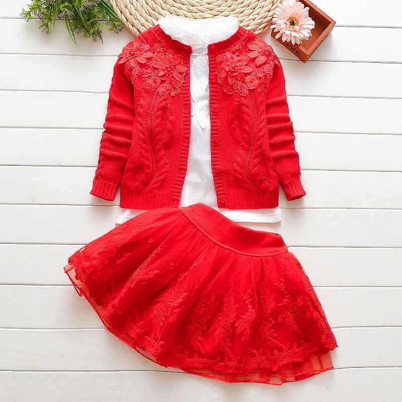 

Комплект одежды для маленьких девочек, Осень-зима, вязаные комплекты одежды из трех предметов, детское трикотажное милое пальто, наряд, Детский костюм одежды