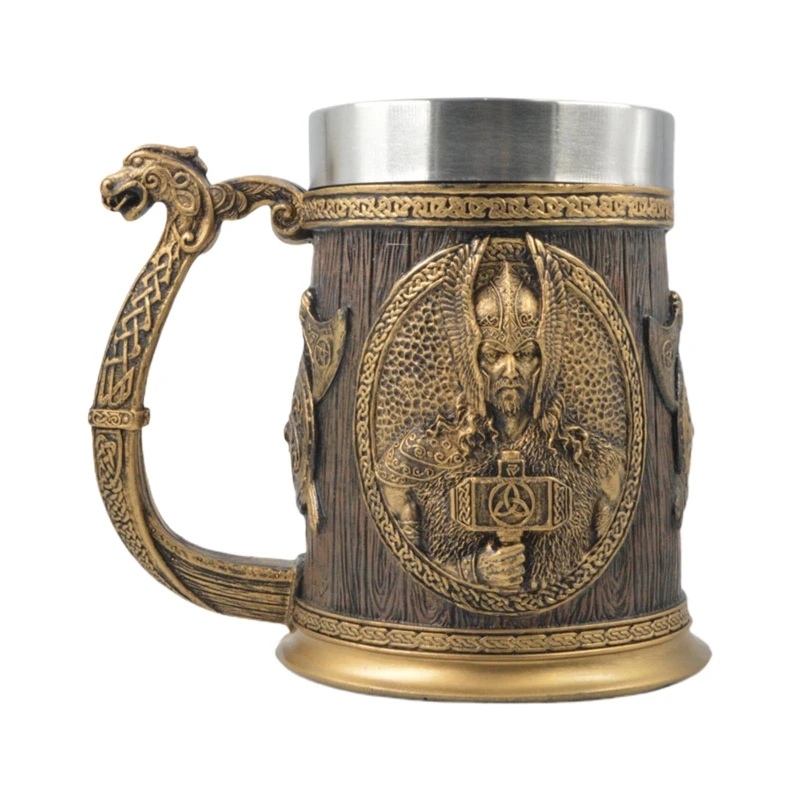 

Rune Beer Mug 304 Stainless Steel Tankard Resin Imitation Wooden Texture Nordic Decor Stein Coffee Cup Men Gift Dropship