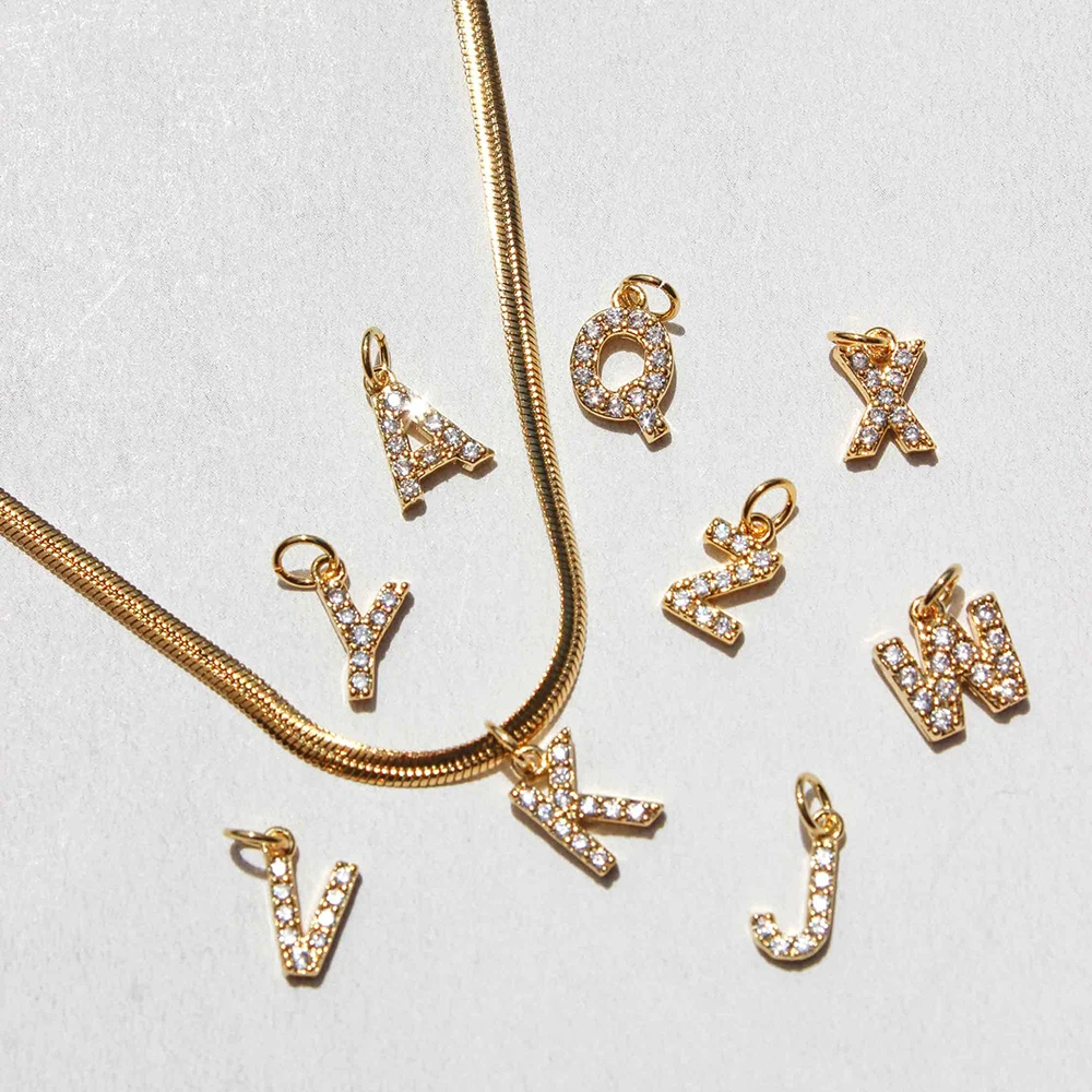New Stainless Steel Shiny Zircon Alphabet Letter Pendant Necklace Waterproof Flat Snake Chain Mini Initial Choker Collar Jewelry