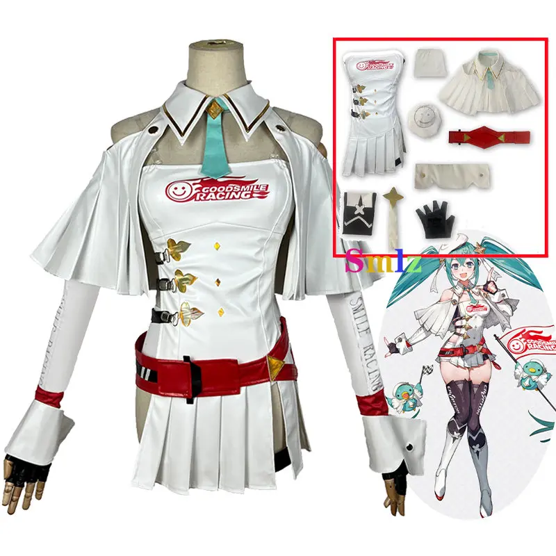 

V+ Racing Miku Cosplay Costume Anime Girl Miku White Dress Cloak Glove Socks Racing Paert Costume Wig