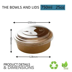 Eco - Friendly Biodegradable Kraft Paper Salad Bowl and Disposable Food Container - 20pcs (750ml and Clear Lid)