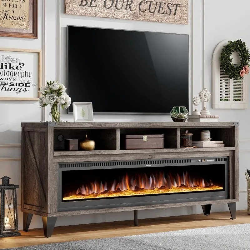 65Fireplace TV Stand with 60Glass Electric Fireplace, Industrial & Farmhouse Media Entertainment Center with Open Shelve Storage