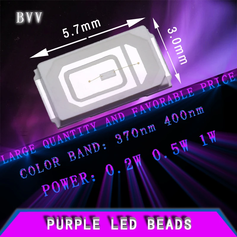 

5730 purple LED beads, band: 370nm/400nm, power: 0.5W, voltage: 3.0-3.2V, current: 150mA, sterilization, currency verification.