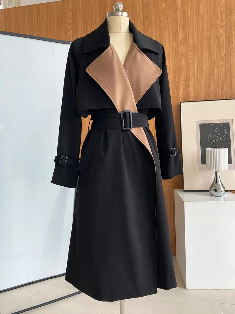 Women's Stitching Contrast Color Trench Coat 2022 Spring Autumn Long Windbreakers Female Temperament Belted Trench Coat Overcoat designer puffer coat