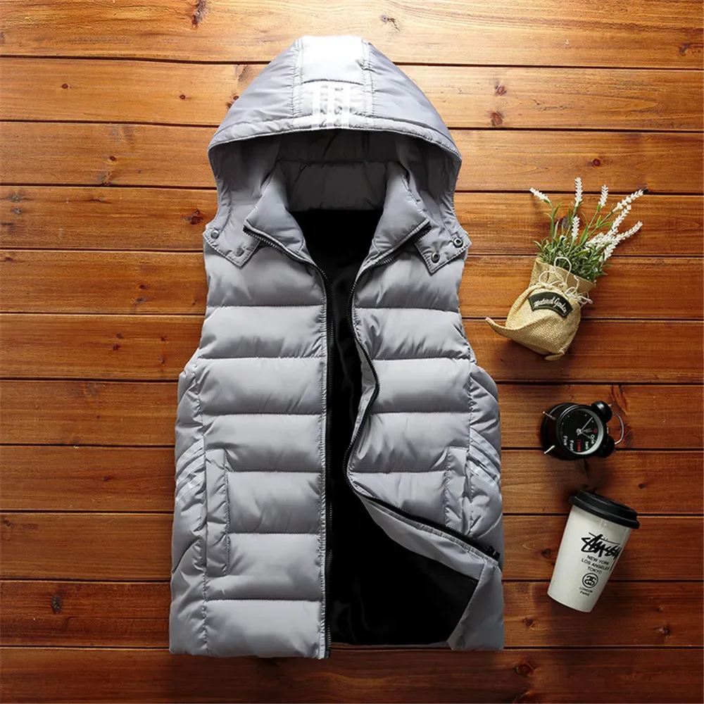 Men Vest Simple Solid Thermal Sleeveless Jacket Hat Detachable Fashion Stripe Coats Windproof Thicken Unloading Waistcoat