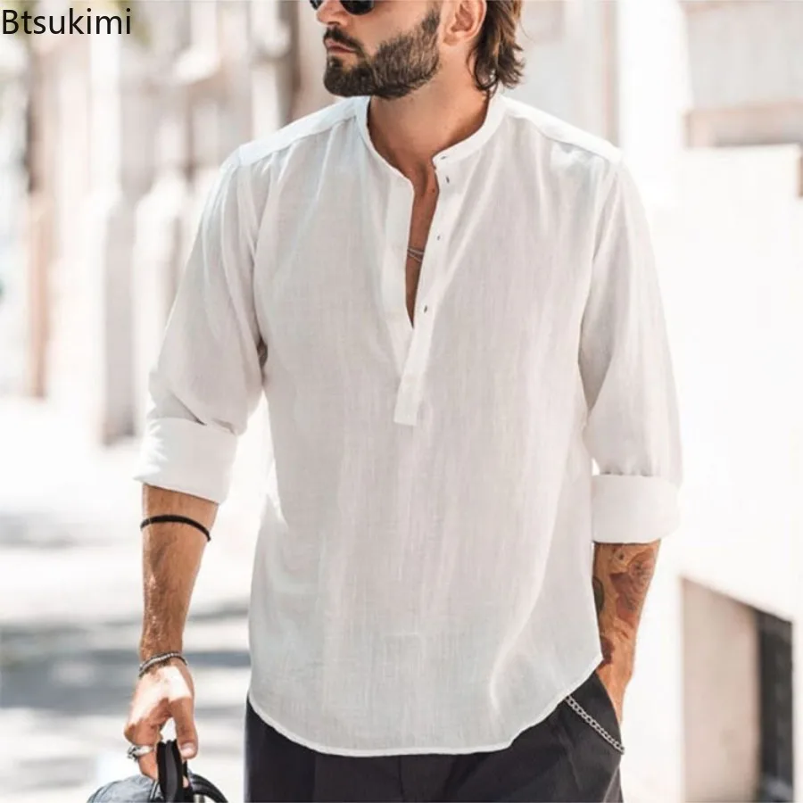 New Men's Casual Shirts Comfort Cotton Linen Shirt Simple Loose Tops Henry Collar Long Sleeve Solid Shirts Handsome Men's Blouse