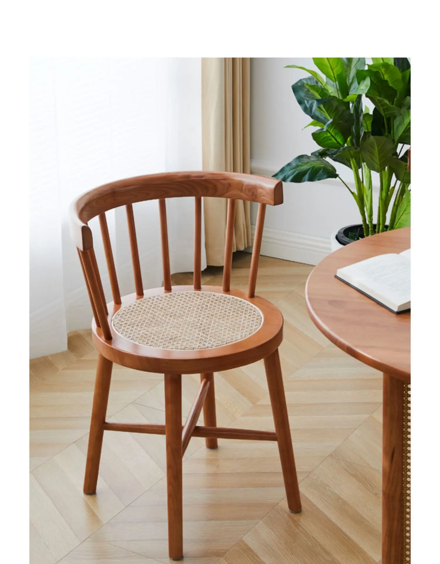 X&D Nordic Japanese Style Solid Wood Wicker Windsor Dining Chair Home Retro Leisure Backrest Chair Solid Wood Wicker Round Chair
