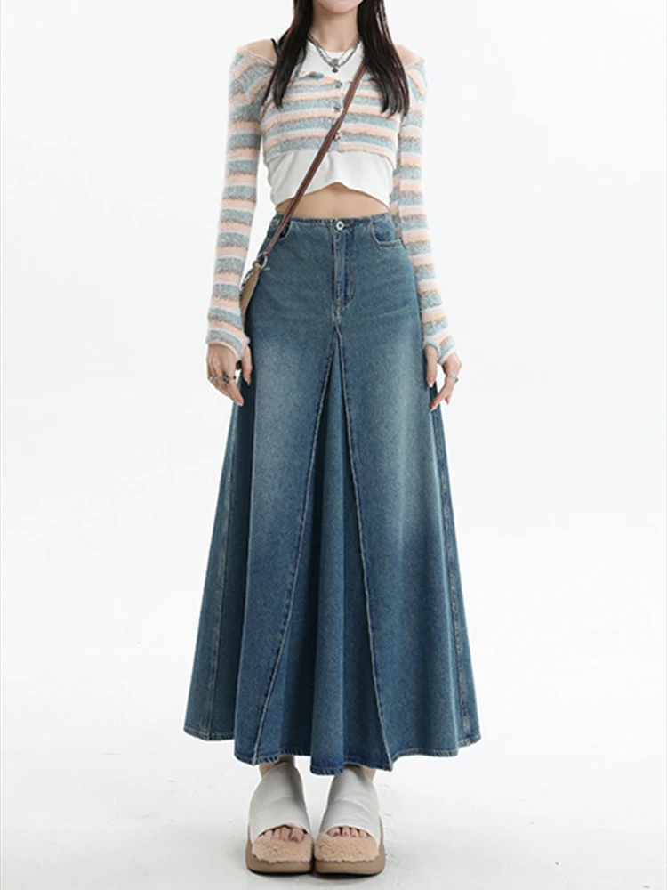 

New Women Spring Summer Vintage Denim Skirt Fashion Patchwork Design High Waist Washed Denim Skirt Simplicity Basic Long Skirt