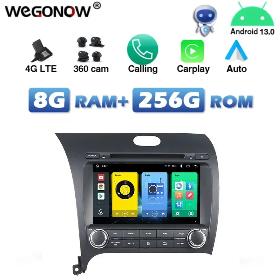 

720P 4G SIM IPS Carplay Auto Android 13.0 8G+256G Bluetooth Wifi GPS MAP Car DVD Player Radio For kia CERATO K3 FORTE 2013-2017