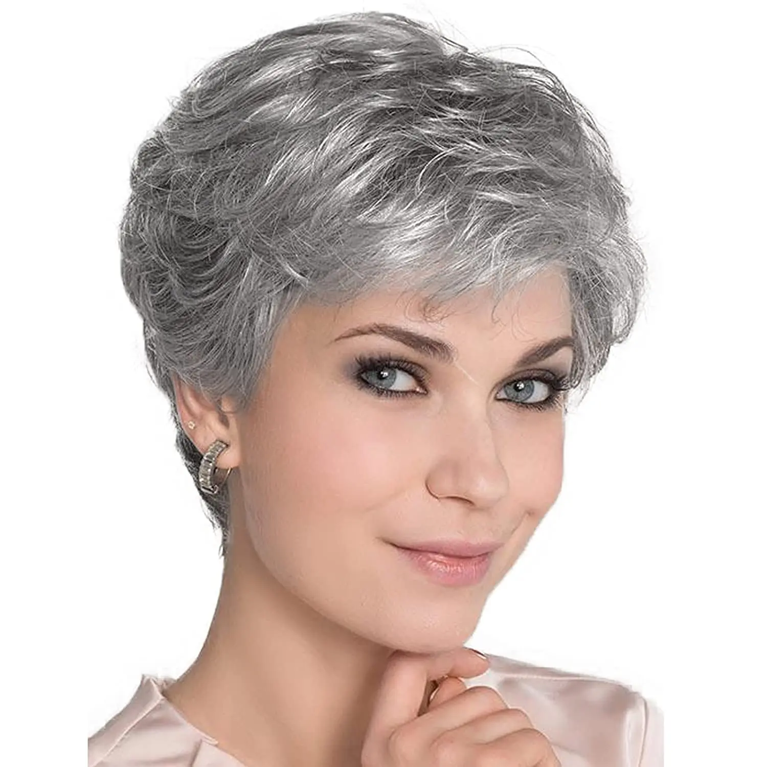 GNIMEGIL Mommy Wig with Bangs Grey Short Wigs for Women Synthetic Hairstyles Wig Older Lady Costume Natural Wigs for Mother Gift