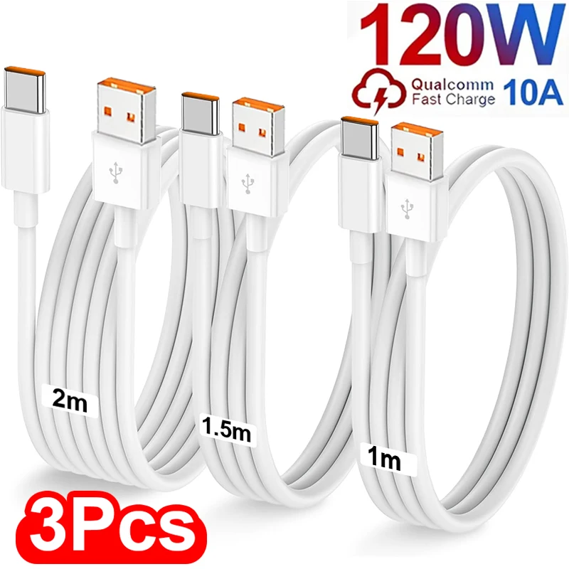 3/1 Uds Cable de carga rápida 120W 10A USB A a tipo C cargador rápido cables de transferencia de datos de alta velocidad para Samsung Xiaomi Huawei 1