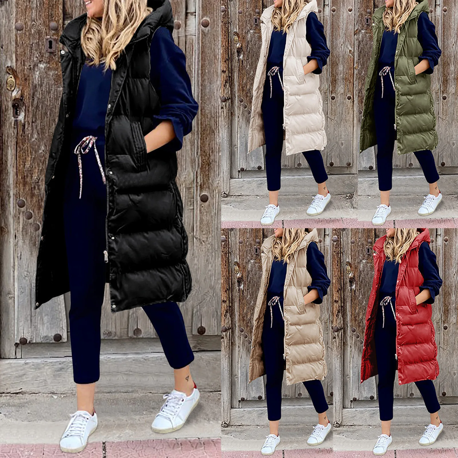 

Women's Long Winter Coat Vest With Hood Sleeveless Warm Down Coat With Pockets Quilted Vest Down Jacket Quilted Outdoor Jacket