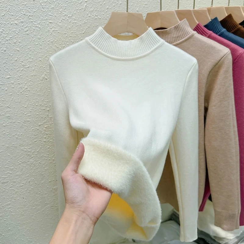 New Fashion Semi-turtleneck Women's Integrated Fleece Sweater Elegant Slim-fitting Knitwear Pullover Solid Color Bottoming Shirt