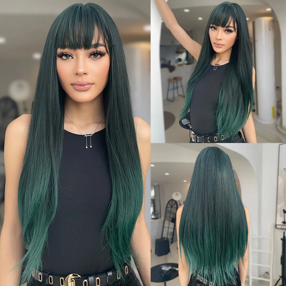 

26 Inches Long Green Straight Wigs for Women Synthetic Hair Wig with Bangs Daily Party Natural Cosplay Heat Resistant Wig