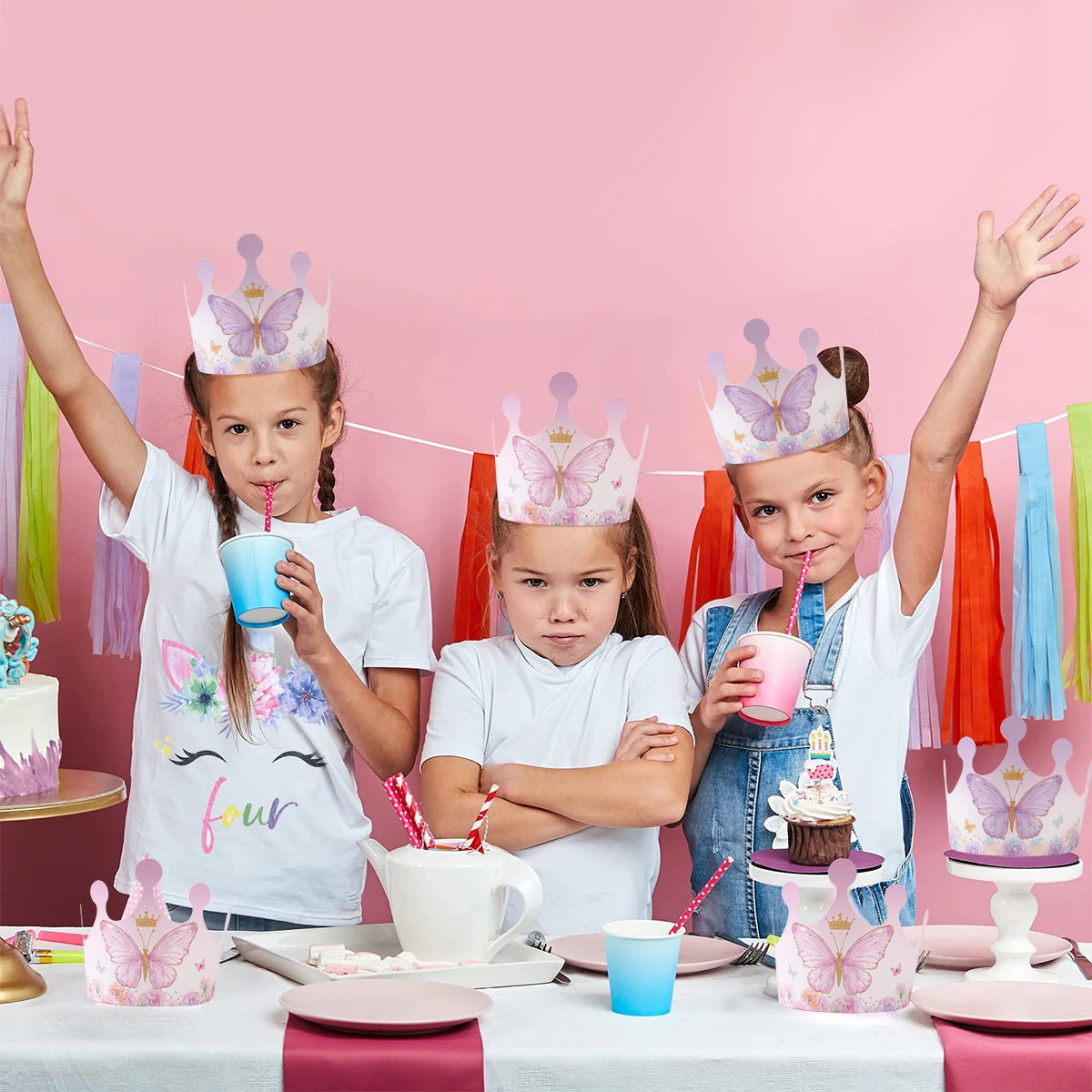 6PCS Pink Purple Butterfly Birthday Crown Hat Birthday Party Decorations for Kids Baby Shower Girks 1st Party Suppiles party hat birthday crown baby crown hat