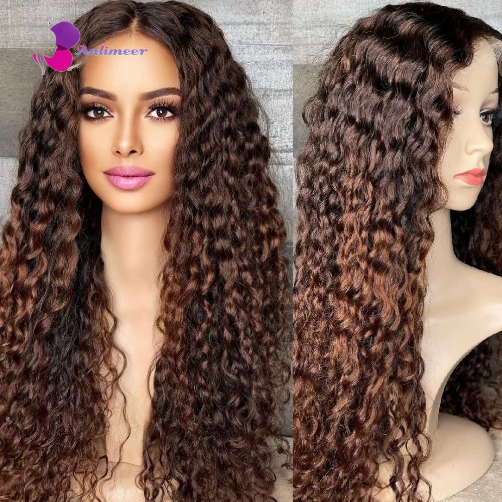 Highlight Chocolate Brown Lace Front Wig Human Hair Water Wave 4/30# Color Silk Base Lace Frontal Human Hair Wigs for Women