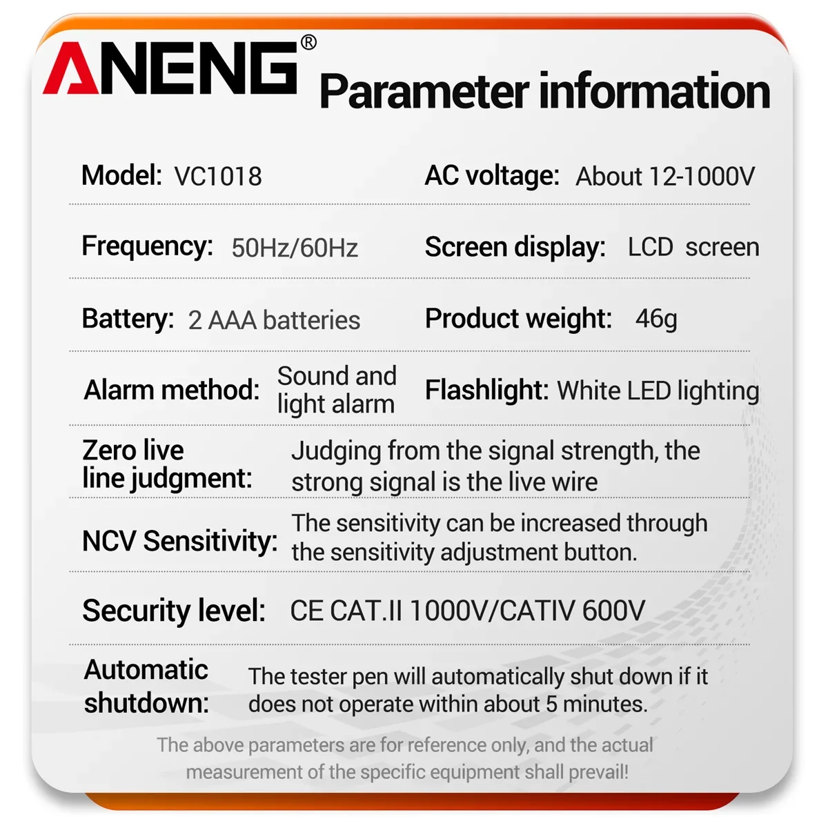 ANENG   AC а, 1000V NCV а, Ʈ  ׽   ,   VC1018