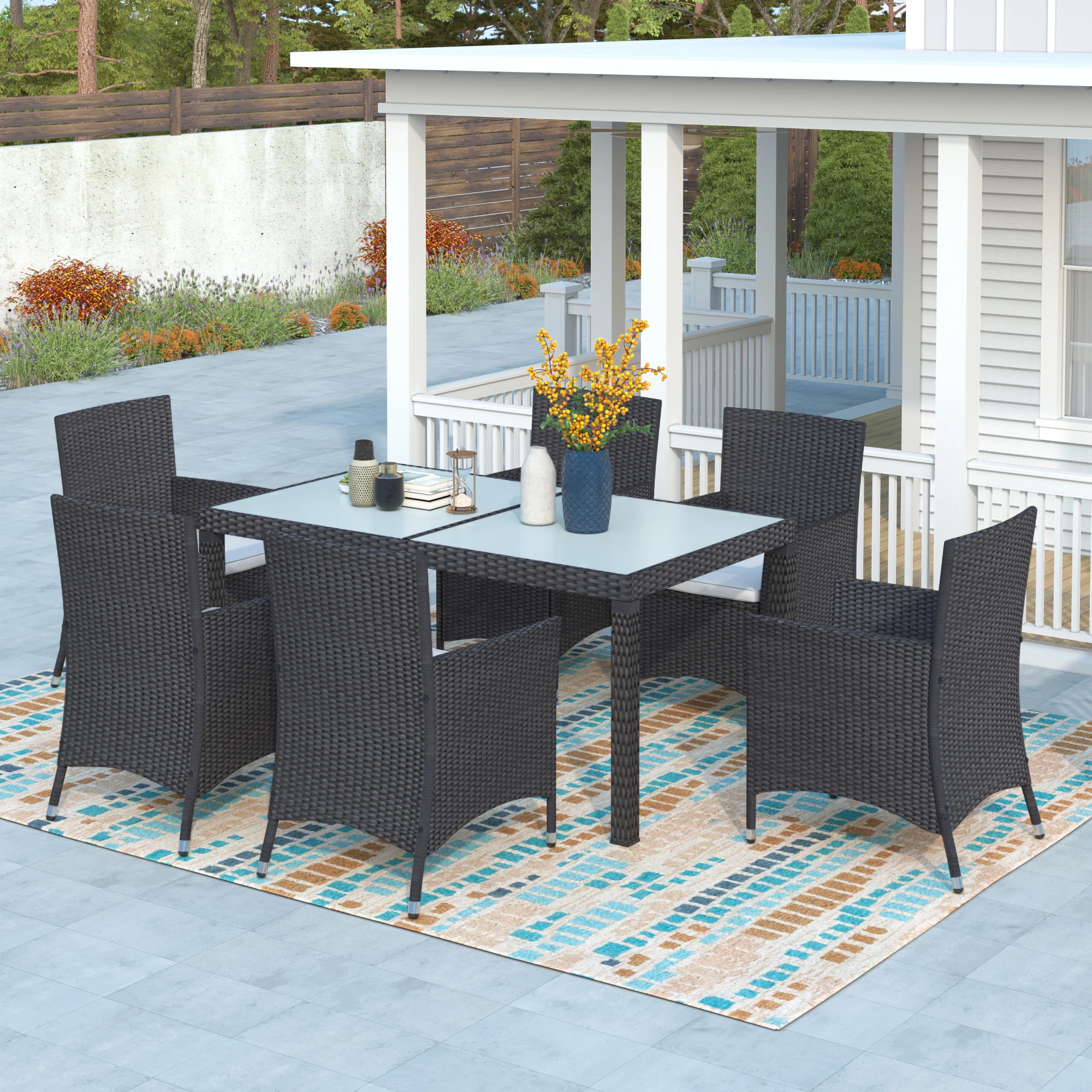 7Pcs Outdoor Wicker Dining Set Black Rattan Patio Furniture Set with Beige Cushion Include 6 Armchairs 1 Table[US-Stock]