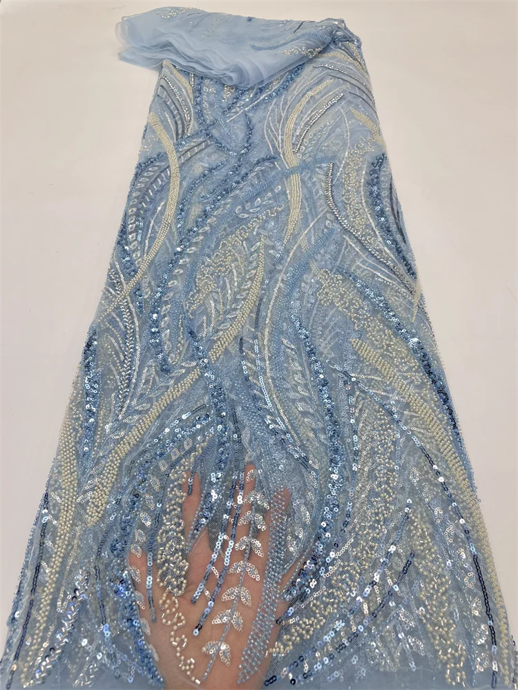 

Sky Blue Nigerian Heavy Handmad Sequins Tulle Lace Fabric African 2023 Luxury Beaded Fabric Fashion For Women Bride Dress Sew