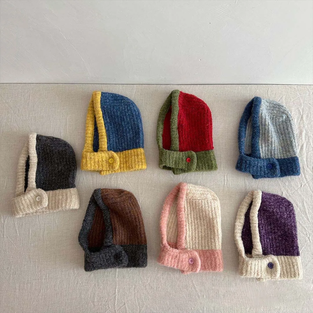 Retro Kids Knitted Hat 2023 Autumn Kids Beanie Cap Scarf Children's Wool Hats Head Neck Ear Protection Caps Korea Style