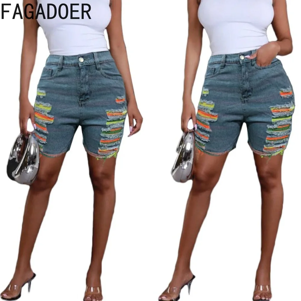 FAGADOER Summer New Hole Tassels Denim Shorts Women High Waisted Button Pocket Skinny Shorts Fashion Female Cowboy Bottoms 2024