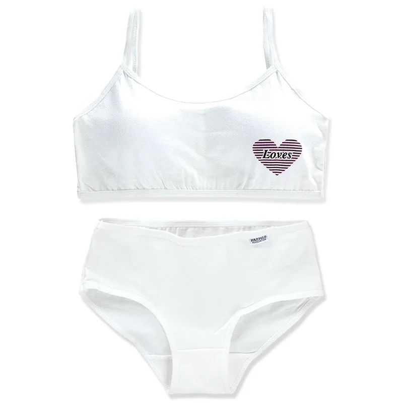 1Set Teenage Girls Training Bras and Panties Loves Printed Kids Cotton Underwear Set Young Children Wireless Bra Briefs Students training bra cotton bra