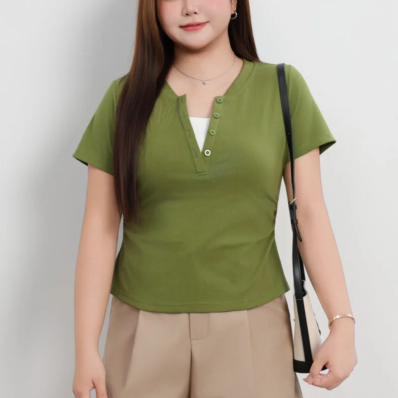 Contrasting Color V-neck Simple Fold Waist T-shirt Plus Size Women's Summer Commuting Style 100KG Premium Short Sleeve Tees