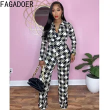 

FAGADOER Elegant Office Lady Jumpsuit Women Long Sleeve Deep V Romper Casual Black White Check Wide Leg Pants Playsuit with Belt
