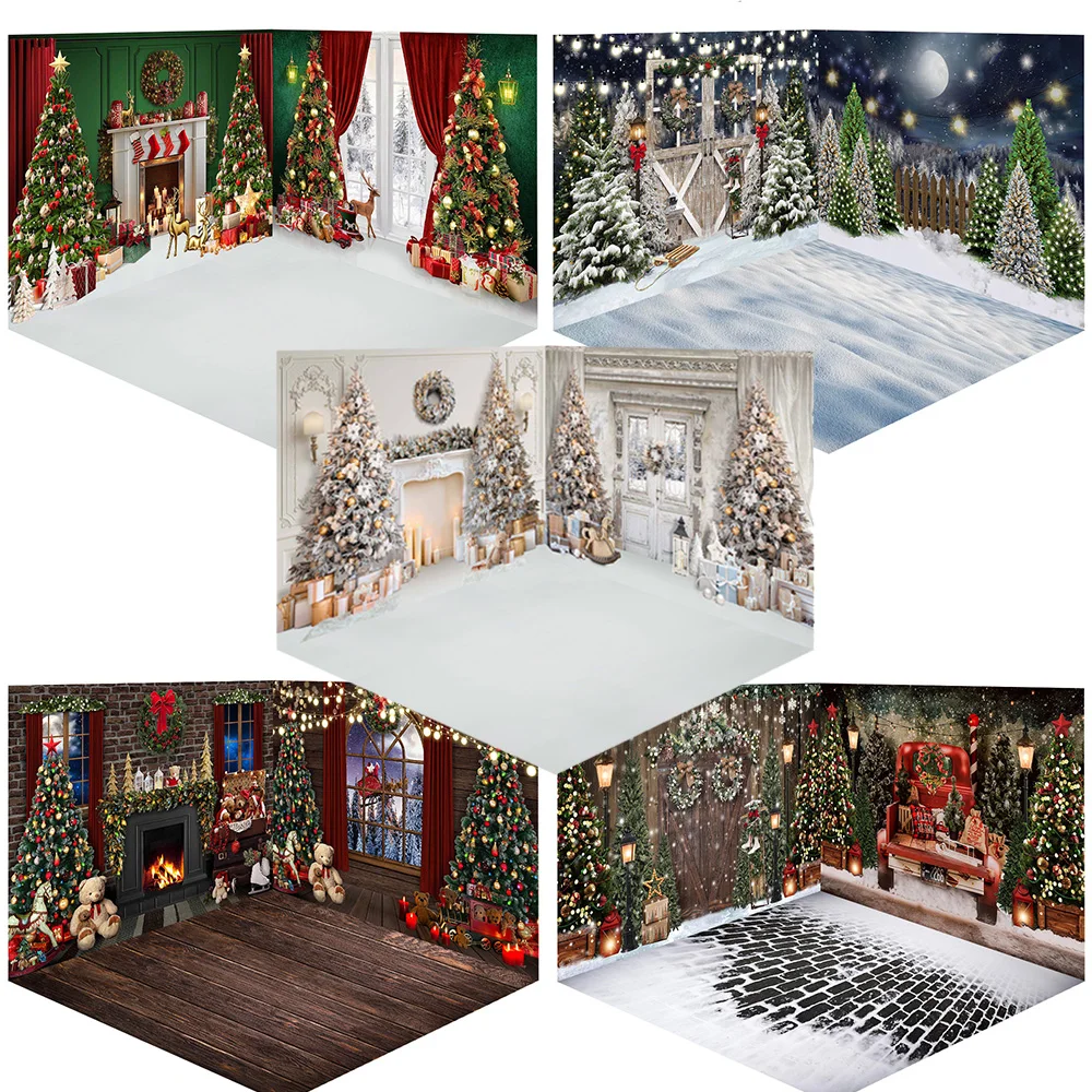 

Christmas Room Photography Backdrop Winter Window Snow Wonderland Fireplace Xmas Trees Portrait Photo Background Santa Gifts