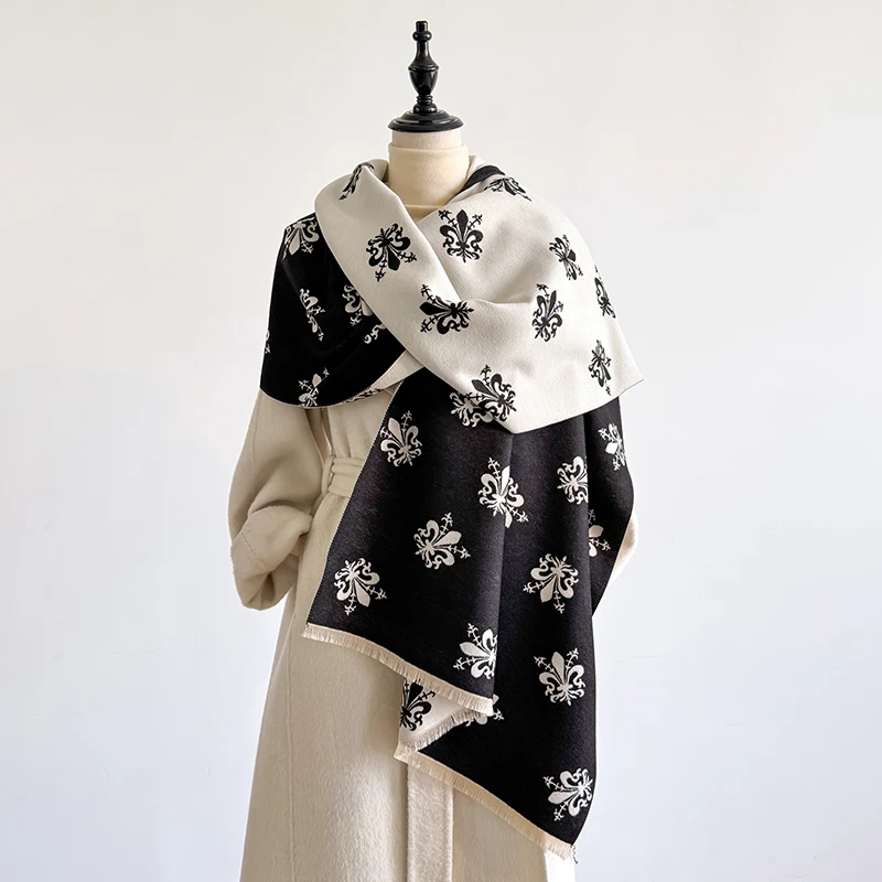 Elegant Geometric Design Scarf Imitation Cashmere Soft Warm Versatile Shawl Coldproof Windproof Blanket Scarf for Autumn Winter​