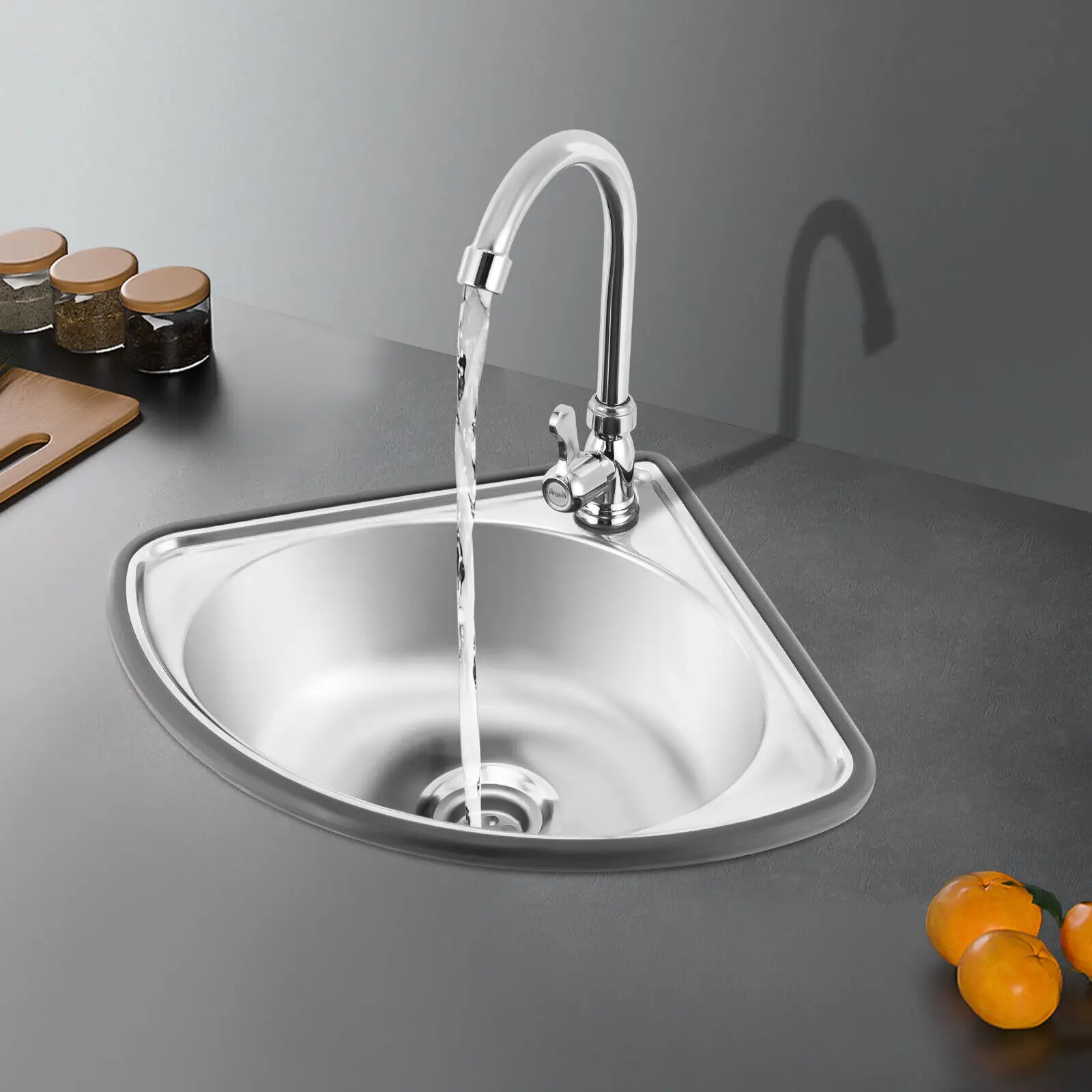 Stainless Steel Single Triangle Corner Sink with Faucet, Mini Bar Sink 3