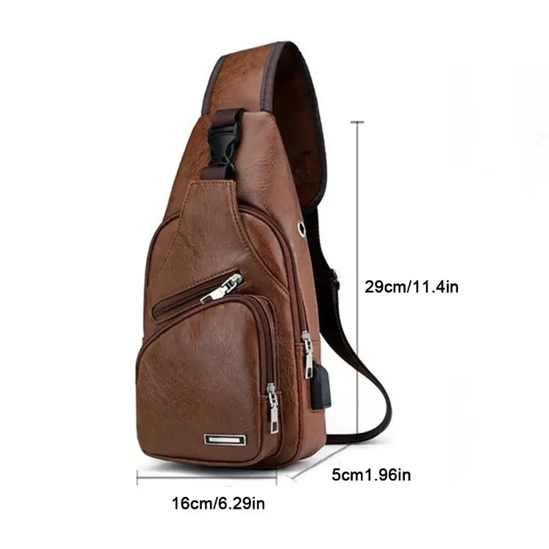 Men's USB Chest Bag Portable Large Capacity Charging Casual Crossbody Bag Outdoor Sports Vintage PU Leather Chest Bag