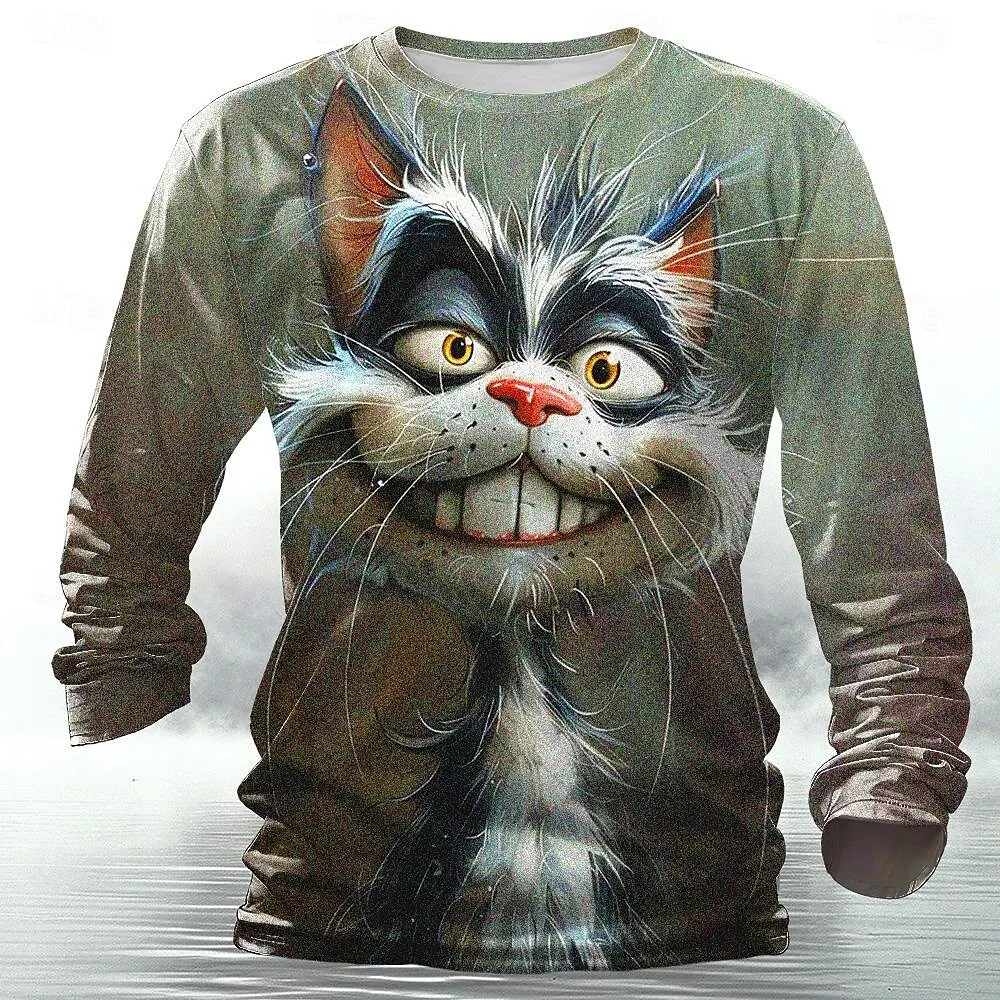 Funny 3D animal print men’s hip hop Harajuku streetwear cotton long sleeve T-shirt – CyberStreetOne cat