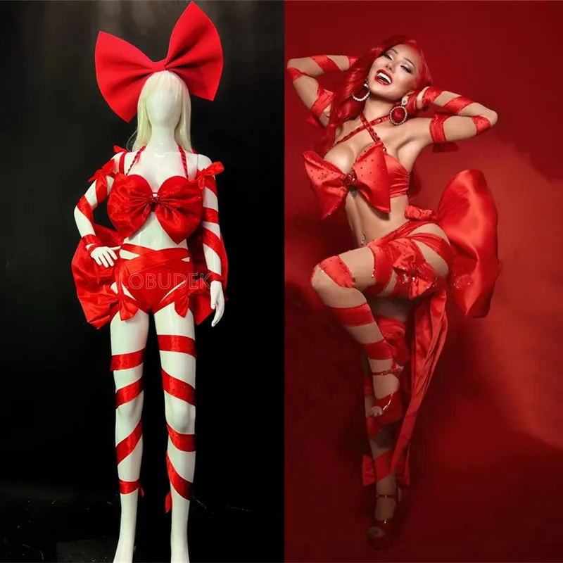 

Red Crystal Butterfly Bow Bandage Bikini Stage Wear Bar Nightclub Festival Party Rave Women DJ Dancer Gogo Dance Costume