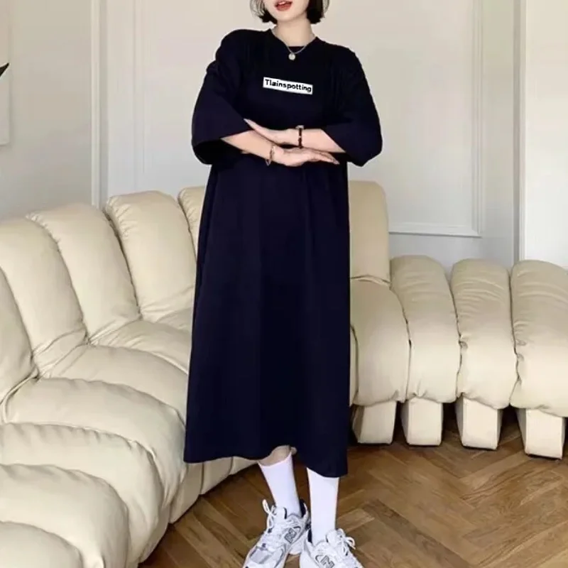 Plus Size Long T-Shirt Dress For Women Korean Chic Loose Pullover Casual Vintage Streetwear O-Neck Short Sleeve Straight Dress