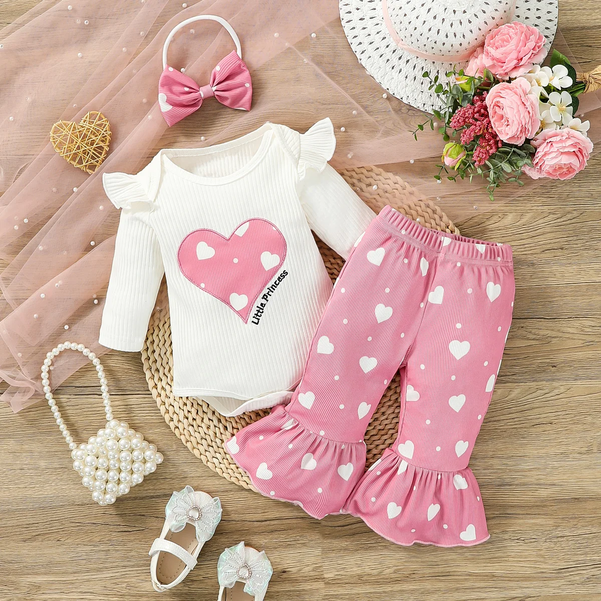 Hibobi ominii 2PCS Conjunto de mameluco de manga larga con estampado de corazones para niñas pequeñas