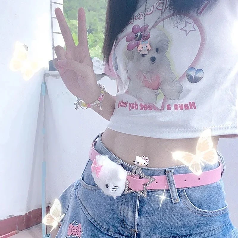 애니메이션 산리오 피규어 허리 벨트, 헬로 키티 봉제 인형, 카와이 PU 가죽 벨트, 소녀 레저 원피스 청바지 와일드 허리띠, 230cm