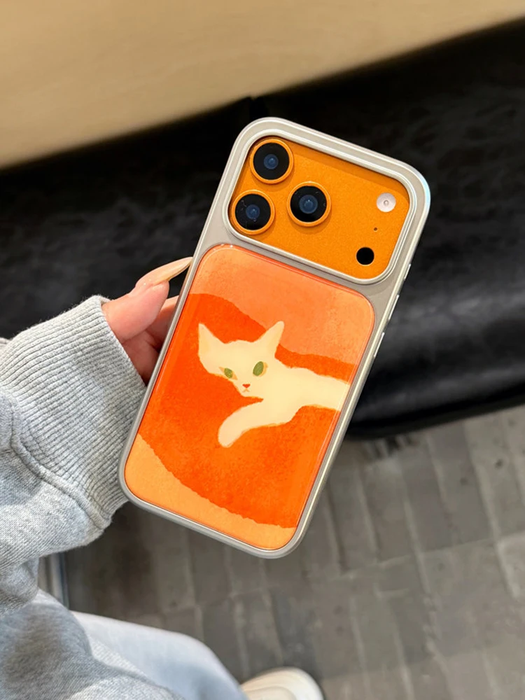 Modische Ölgemälde-Handyhülle mit Niedlicher Katze und Silberner Einfassung für iPhone 17 16 15 14 13 Pro Max, Tropfenkleber-Orange Rückseite – Detail 12